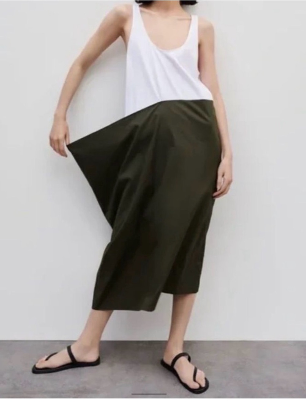 ZARA Combination Poplin Midi Dress White Green Asymmetrical Tank Dress Sz L NEW